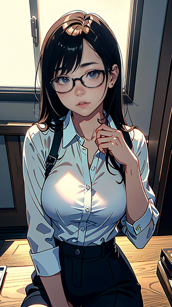 There is a woman sitting on the floor with her legs crossed..., Wearing glasses, Japanese Model, Wearing glasses on, Wearing square glasses, Young and sexy gravure idol, Yasumoto Oka, Genuine young gravure idol, Without glasses, Yoshitomo Nara, Aoi Ogata, Wearing glassesいる, Surreal,Provocative,((Beautiful Skin)),((Skin Texture)),((Real Touch)), healthy, unreddish skin, Cute freckles on the cheeks,Mole under left eye,