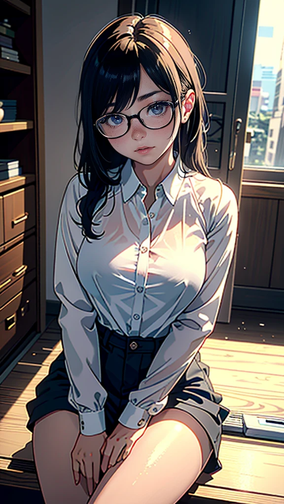 masterpiece, highest quality, (Highly detailed CG Unity 8k wallpaper), (highest quality), (Best illustrations), (Best Shadow), Confused, Realistic lighting, (abyss), Beautiful and delicate shine, Woman working at a construction site,Helmet,Random Pause,((Long sleeve shirt)),Cute freckles on the cheeks,Mole under left eye,There is a woman sitting on the floor with her legs crossed.., wear glasses, Japanese Model, wear glasses on, With square glasses, Young sensual gravure idol, yasumoto oka, A real young gravure idol, no glasses,