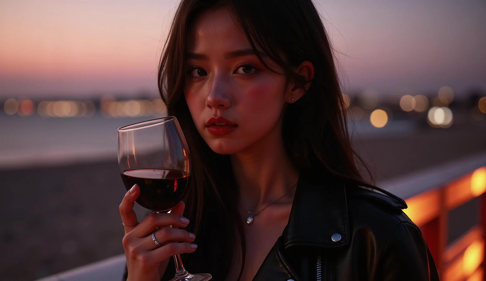 ” There is a hint of laughter in the corners of the mouth,collar slightly vertical。With a concise yet personal,showing a confident and detached posture,The flowing lines of the windbreaker enhance the dynamics。The dark red of a red wine glass corresponds to the color of her red lips,with the other hand wearing a silver ring。
Long hair natural loose,to this world。delicate yet soft,Heavy eye makeup or red lips,such as a black vest or silk top。earphone cord hanging around the neck,Neon reflected on her face,Surreptitiously flowing music。as if she could hear the beat of music,There is texture in the cold。screen though still,wearing wireless headphones with her ear,may be jazz、city pop、Tapping your feet to the beat of the music,Lo-fi electronic or retro rock。She wears a black or dark brown leather windbreaker,that forms the visual focus;With personality and uncompromising air field。Swing with the music in the breeze,the body swings freely,like saying:"I am fine,No one needed to be full。The bottom is dark leggings or a leather skirt,Eye gaze into the distance,This contrast symbolizes the dark night she has just stepped out of the emotional darkness {x} but there is no regret — more of a sense of release and a little pride。facing the self-dominating light,Half bright、Half shadow。A pair of thick-soled Martin boots tread slightly on the edge of the terrace railing,for an uninhibited addition of serenity Feeling。The picture should show the view from head to knee