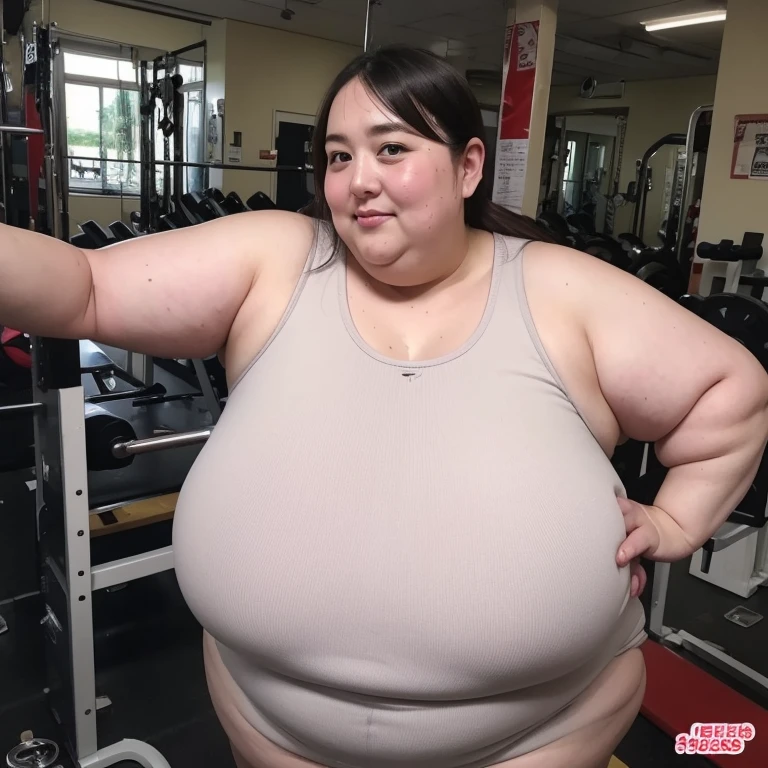 go pro Japanese ssbbw, non nude, full shot, very beautiful face, super obese, full body, grey sweat parker, underarmour sneaker, sports gym super obese japanese