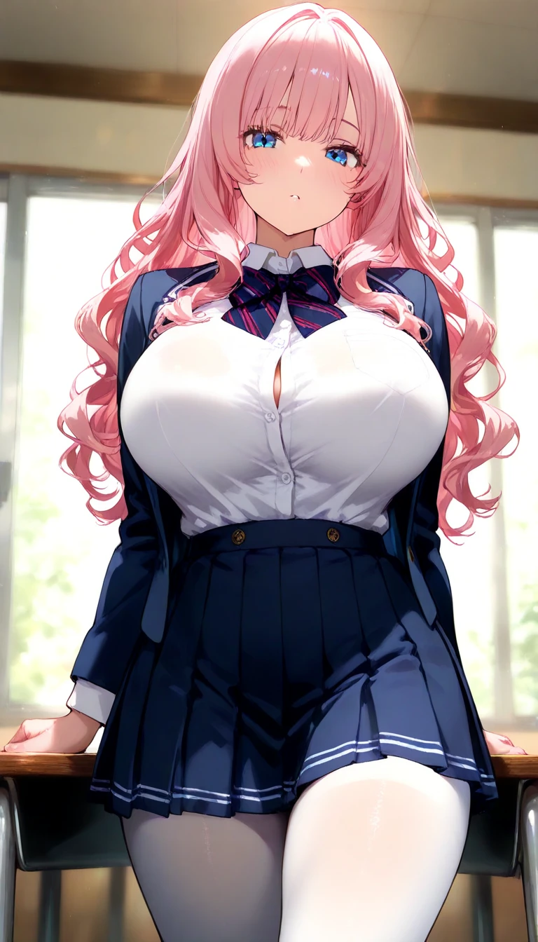 (masterpiece, highest quality:1.2),(Shiny skin:1.6), Upper Body, Detailed cloth texture, Detailed hair texture, One girl, alone, 17 year old girl sexy pose, Long eyelashes, Lips parted, shining pink lips, Pink Eyes, (The body is slim:1.1), (beautiful pink long hair:1.2), (Huge breasts:1.3), Floating Hair, (bangs), (Blazer uniform, stockings, belt, Pleated mini skirt), (Cleavage), (necklace, Earrings), smile, Blushing, View your viewers, (Cowboy Shot:1.5), coastal,Put your hands behind your body,arms behind back,Straight Hair,straight hair