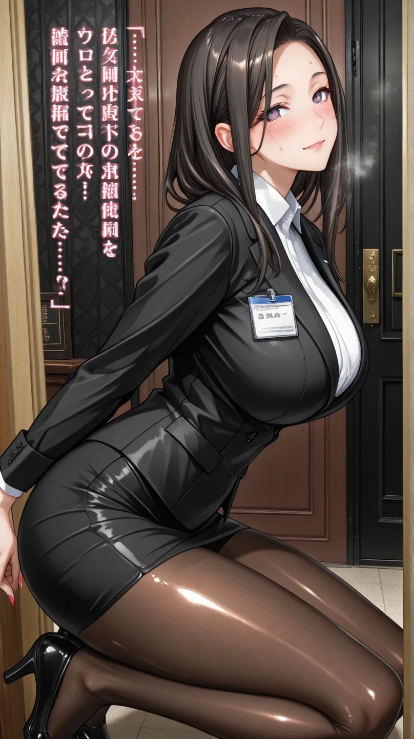 Photo of a 60-year-old woman with brown hair, a captivating gaze, Brown eyes, Wrinkles on her face, Black pantyhose,Black High Heel Boots,She wears very sexy lingerie underwear、、Revealing her large sagging breasts, Light makeup and red lips. 32K