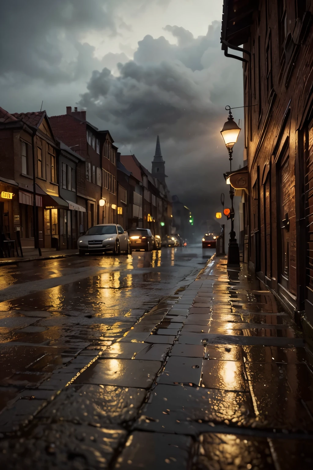 rainy day landscape, atmospheric rainy village, detailed brick buildings, cobblestone streets, puddles reflecting streetlights, vintage cars parked, overcast cloudy sky, moody lighting, muted color palette, cinematic mood, (best quality,4k,8k,highres,masterpiece:1.2),ultra-detailed,(realistic,photorealistic,photo-realistic:1.37),dramatic lighting,volumetric fog,cinematic composition