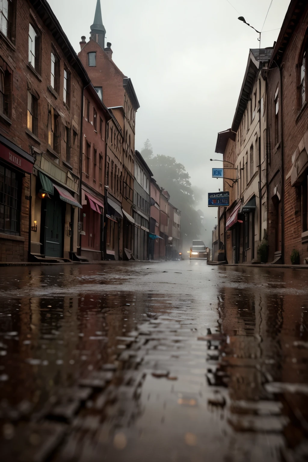 rainy day landscape, atmospheric rainy village, detailed brick buildings, cobblestone streets, puddles reflecting streetlights, vintage cars parked, overcast cloudy sky, moody lighting, muted color palette, cinematic mood, (best quality,4k,8k,highres,masterpiece:1.2),ultra-detailed,(realistic,photorealistic,photo-realistic:1.37),dramatic lighting,volumetric fog,cinematic composition