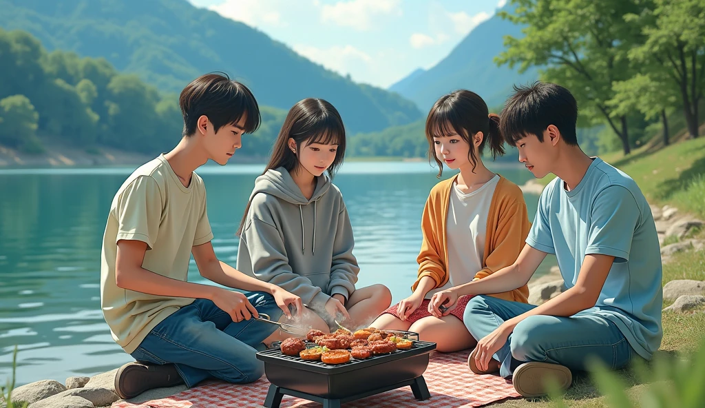 On a hot early summer night, the sound of frogs is everywhere, on a flat ground on the mountain ridge, green grass, blue, green, yellow, red, orange tents are connected into a small pile, next to the tent is a rectangular outdoor simple table, 3 lively and exquisite boys and 10 beautiful girls sit together, thick fog, an LED light on the tripod next to it shoots a pillar of light, illuminating the crowd, the atmosphere is warm, the table is full of food, everyone happily enjoys the food, spend a happy, romantic outdoor night together --auto --s2