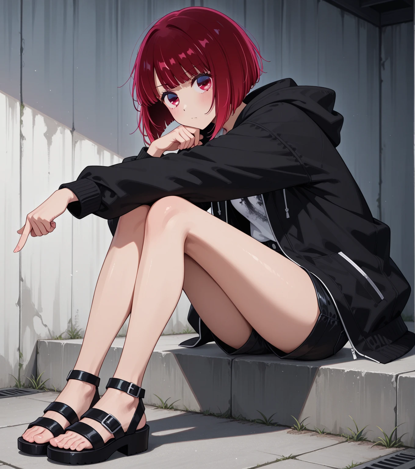 Red-haired , red eyes, tsundere bangs, all bare feet