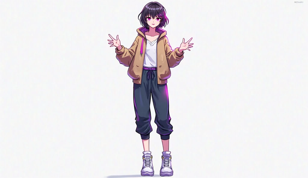 cute anime girl with short curly brown hair and brown eyes, doing the peace sign in a purple and orange background