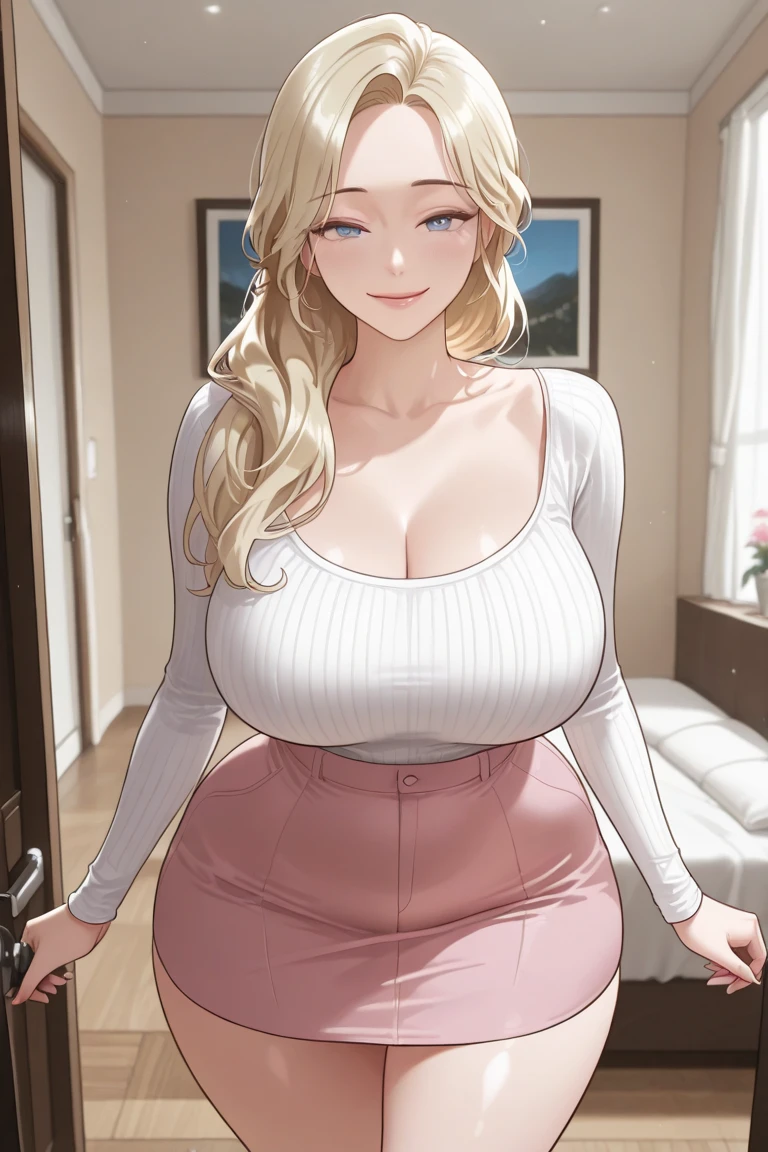 An extremely and insanely beautiful stunning gorgeous pretty cute sexy busty mother with a gorgeous beautiful face and her extremely bright snow white fair stunning flawless lush shiny white skin and complexion and gold open hair blonde hair tied in a cute pony style with hair ornament and flowers and red ribbon on hair, age 23, oceanic stunning shiny big blue eyes, bright pink cheek blushes, brown-black eyelashes, pink puffy lips, pink nails, goddess-like extremely cute sweet smile, face full of life, wearing a gold necklace, gold shiny chain belt on waist, feet anklets, wearing a cute loose soft thin revealing white top with tight long blue jeans and front open bright yellow cardigan low-hanging from the back, white shiny heels, gold bangles, looking at the viewer, walking straight, tight skinny perfect hourglass figure, round wide perfect hips, perfect round plump ass poking out from dress, holding a pink purse, a big street in the background, day time, show full body from head to feet.