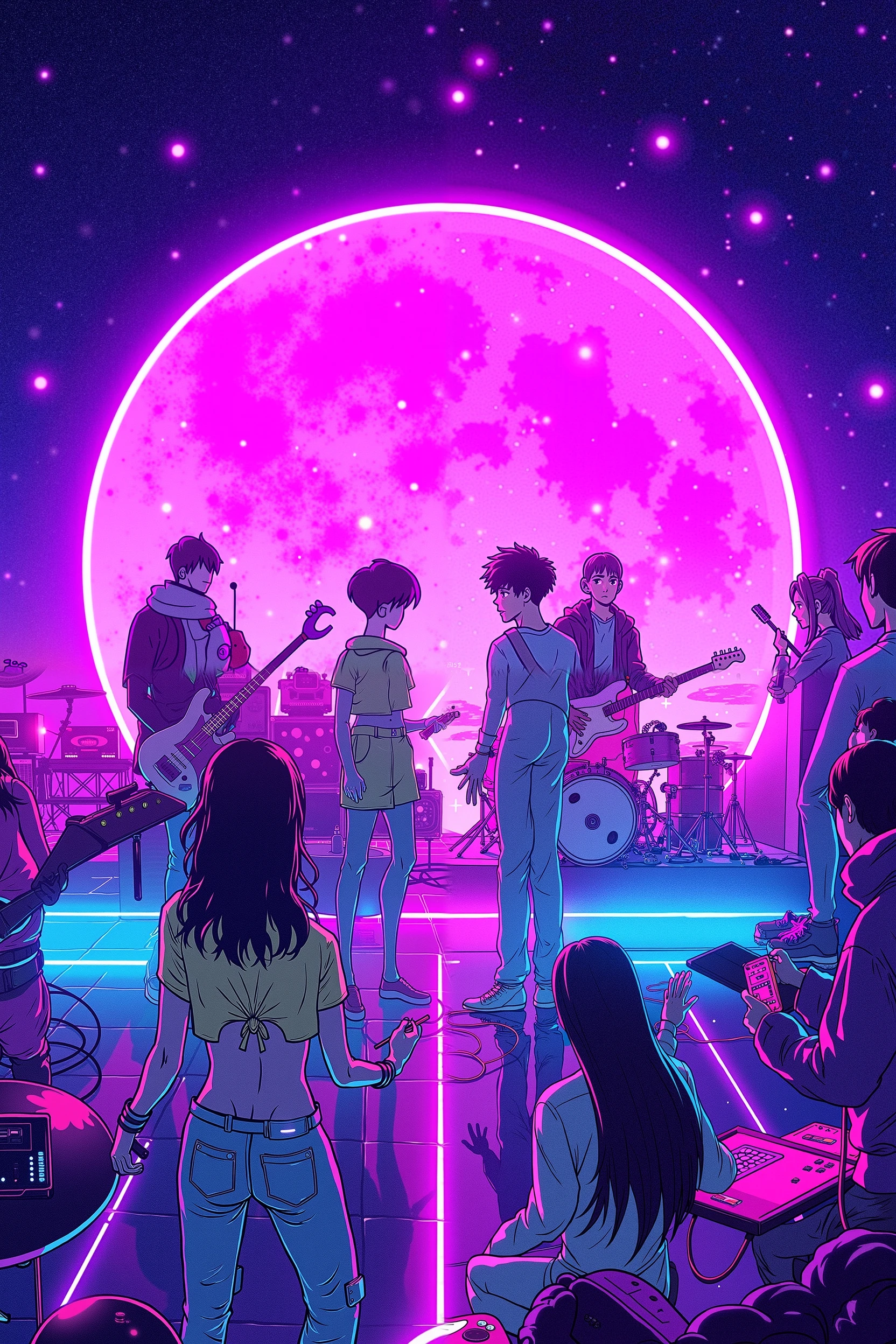 japanese colorful anime illustration of extraterrestrial electronic music band ,anime musical science fiction,Daft Punk,widescreen angle dynamic view, festive joyful comic scene,cinematic shot, template image setup for music cartoon videoclip,Neon LED volumetric effects,
themes of fame within a vibrant and stylized anime world.The image has a digital painting aesthetic with a vibrant and psychedelic color palette dominated by purples, pinks, teals, and yellows. The lighting is bright and somewhat diffused, creating a glowing effect around many of the subjects. The generation appears to be highly detailed with smooth gradients and sharp outlines, lending a clean, almost vector.extraterrestrial electronic music band ,anime musical science fiction,Daft Punk,widescreen angle dynamic view, festive joyful comic scene,cinematic shot, music cartoon videoclip,Neon LED volumetric effects,the user's query presents a rich and ambitious vision, drawing upon a vast array of influences from traditional and digital animation, adult and Japanese anime, futuristic technology, and various artistic styles, all within a dreamlike and fantastical setting centered around music. The key elements include the nostalgic charm of cinematic cells and hand-drawn animation, the stylistic sensibilities of late 20th-century adult cartoons and 1980s anime space adventures, the playful expressiveness of imaginative anime characters, the sleek and sophisticated visuals of futuristic electronic music technology, the surreal and wondrous landscapes reminiscent of Pixar and Studio Ghibli, the integrated musical and visual styles of Daft Punk and deadmau5, the soft and illustrative touch of watercolor, and the vibrant and otherworldly concept of bioluminescent alien musicians performing at an interstellar festival. The sheer number and diversity of these references suggest a desire for a highly original and visually compelling artistic synthesis. The challenge lies in harmonizing these disparate elements