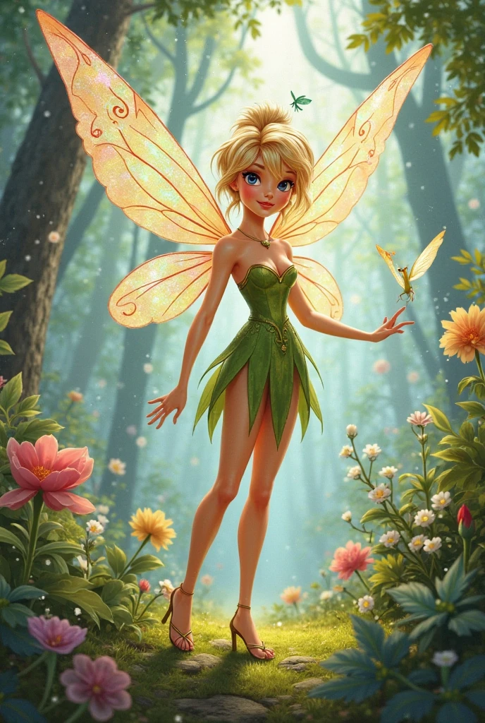 beautiful illustration, best quality, perfect face, beautiful smile,blonde bun hair, cute green eyes, B cup, a green short tight dress , white heels, wings fairy, magic Stick with a star