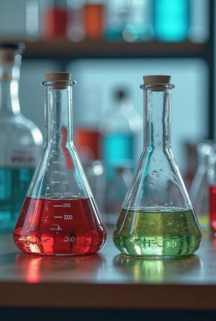 Create a comprehensive image that represents the field of Chemistry. Include visuals like a periodic table, laboratory bottles with colored liquids, and a molecule with a structure of atoms connected by bonds. Add symbols for different types of chemical reactions and representations of concepts such as acids and bases, and a simple chemical equation. Make sure the image conveys the idea of scientific experimentation and discovery in the field of Chemistry..