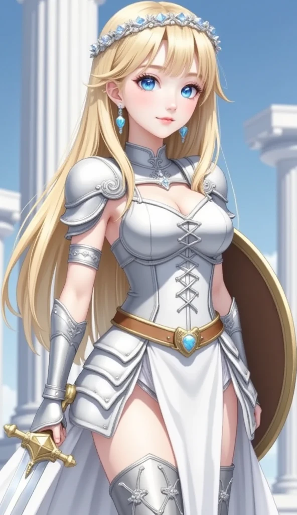 perfect eyes:1.2, detailed eyes:1.4, SoulCaliburSophitia, blue eyes, blonde hair, large breasts, hair ornament, smile, covered nipples, transparent clothes, see through, white dress, long hair, shield, braided ponytail, 1girl, solo, (masterpiece:1.6, best quality), 8k, insane details, intricate details, hyperdetailed, hyper quality, high detail, ultra detailed, professional, HDR, ray tracing reflection, cinematic lighting,
