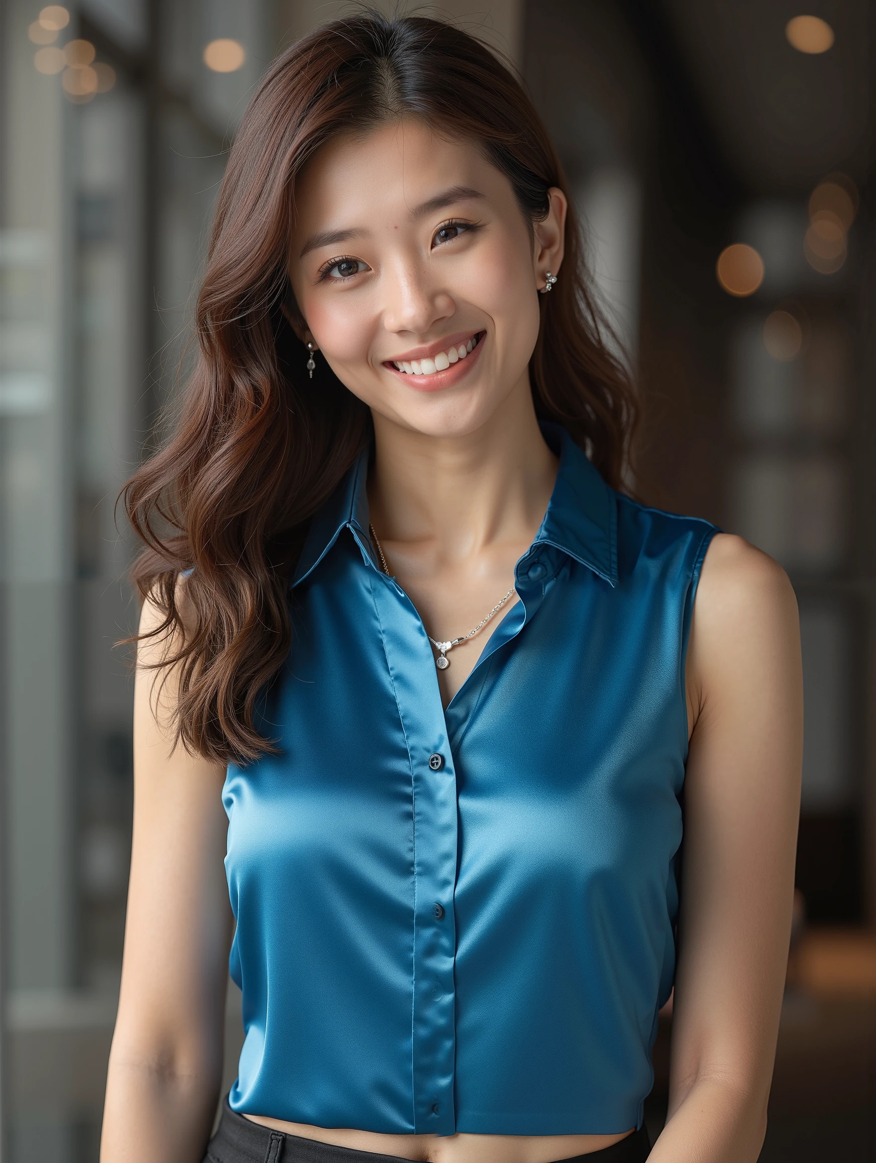(The Greatest Work:1.30), Highest Quality, Super Detail, Ultra High Definition,(Photo realistic:1.4), (super realistic 1.37), (Photorealistic:1.3), (bright gentle lighting:1.5), Studio Lights, Ultra Clear Focus, (bright cinema lighting:1.2), clear light and shadow, (quality improvement:1.4), Panoramic Views, SFW, physical based rendering, Extreme Details, Professional, Brilliant Colours, Bokeh, Portrait, from below, BREAK,
blue super tight sleeveless with realistic texture silk shirt, very tight blue silk shirt, ((random dynamic poses)), (((very tight blue silk shirt))), Open collar, Button Down, Silk Miniskirt , very tight blue silk shirt, (((full body, Includes legs))), (best quality real skin texture:1.3), BREAK,
(Japanese top idol:1.10), 1 girl, 24 year old girl, Facial light ,(Highest Qualityの本物の肌の質感), beautiful eyes on my stomach, delicate and beautiful face, slightly raised G-cup chest, model body type, office lady supervised by camera, OL, sexy, Nogizaka idol, statuesque pose, smile, beautiful actress , spread your legs, Big Breasts, (Perfect teeth alignment), thin waist and hips in an upscale bathroom, beautiful long glowing legs, thighs, perfect fingers, light makeup, pink lips, (( has long brown wavy hair :1.2)), BREAK,
(((is seducing, embarrassing))), かわいいsexyな表情, tight mini pencil skirt, perfect dynamic composition, BREAK,
bank, modern office interior, in a luxurious room, Small Diamond Earrings, small necklace, BREAK,