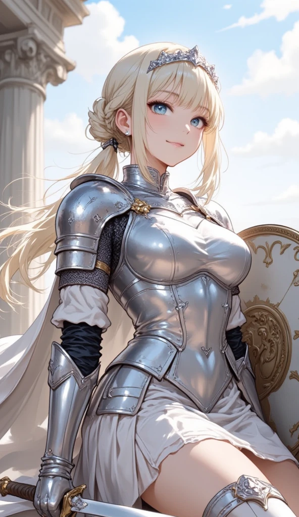 She has short, not very long, platinum blonde hair., with locks that frame her face, and golden eyes that shine with a warm and encouraging light. He wears light armor in shades of gold and white., which symbolizes purity and hope. His main weapon is a lightsaber., whose leaf seems to shine with a heavenly glow. Liora is extremely kind, optimistic and encouraging. Her positive nature and willingness to support others make her a key figure in keeping the group's spirits high.. She is always willing to offer a word of encouragement and help to those who need it., and his hopeful attitude is contagious. Although she is a formidable warrior, His focus is on inspiring and uplifting his peers rather than seeking conflict... Whole body