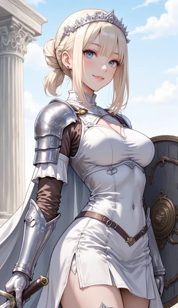Very beautiful woman、Slender women、(Detailed face)、Realistic Skin、((Holy Knight)), ((Pearl White Armor))、((((A black armor with extremely detailed and intricate decoration.:1.1))))、((Delicate photo)),(Girl Astepeace RAW Photo Details:1.25), (Highest quality:1.6), (Ultra-high resolution:1.5), (Realistic:1.75), 8K resolution, Canon EOS R5, 50mm, Absurd, Super detailed,Cinema Lighting,((Fightfield))、((Fight))、(((White skirt with embellishments)))、Thigh-high socks、Shingard、((blonde))、((Curly Hair))、((Drill Hair))、((Short hair with bangs and wavy hair,))、Get a six pack、Cape、Beautiful Armor、(((Has a huge weapon)))、(In combat)、The wind is blowing、((Symmetrical armor))、((((Blizzard))))、(((Lead a large group of knights:1.2)))、banner、(((Battle Scenes)))、((Browsing Caution:1.2))、(((I can see her panties:1.4)))、、((Skirt lift in the wind))