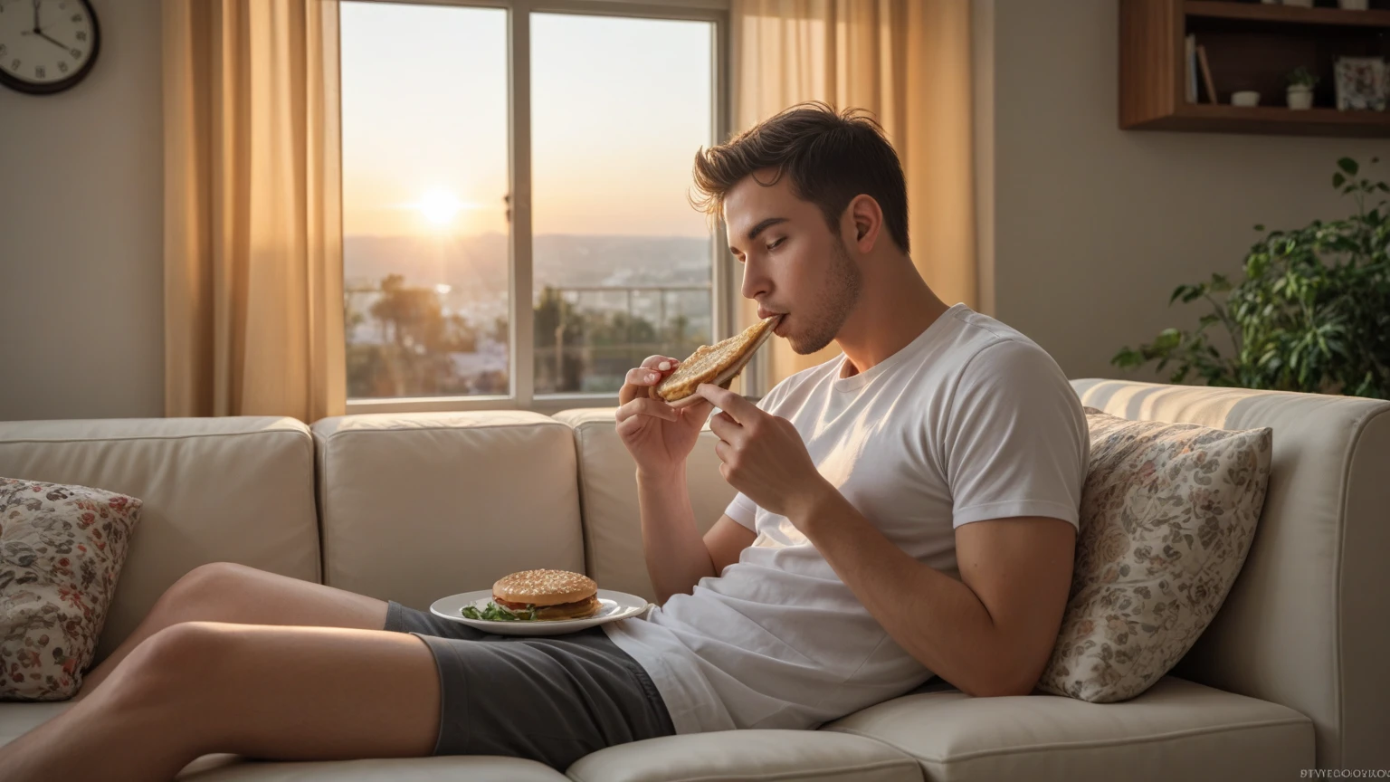 man sitting and eating hamburger