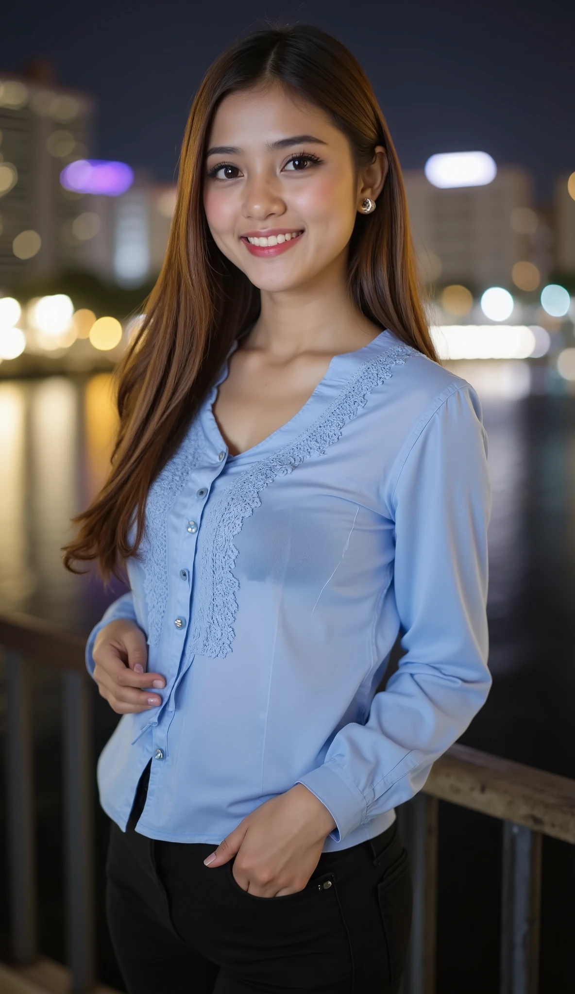 A beautiful indonesian female with long straight hairstyle, 25 years old. indonesian face, highly detailed beautiful face and eyes, attractive face, charming face, Full body, perfect body, white skin, medium breasts, anatomically correct, long straight hair, brown hair. Wearing light blue tunic blouse, black jeans. Background overlooking a beautiful river and city at night. Standing facing forward, Look at viewer, smile showing teeth, hand in pocket. Ultra detailed body, highly detailed appearance, hyper quality image. Bokeh. Hyper resolution. Ultra high realistic image. 16k. Ultra detailed