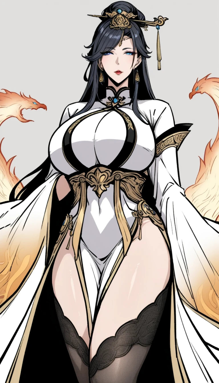 Mature tall woman, black hair with gray streaks, high ponytail, purple eyes, divine light, white goddess clothes, indifferent gaze, lipstick, dragon horns and tail, spears, reference, full height, phoenix