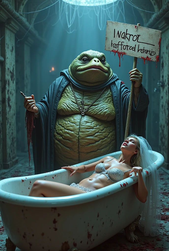 Jayne Mansfield, age 25, dressed in a bath towel, is fleeing from her bathroom which is filling with translucent slime, movie monster C'Thulu and other eldritch tentacled beasts, flesh hungry monsters, damsel in distress