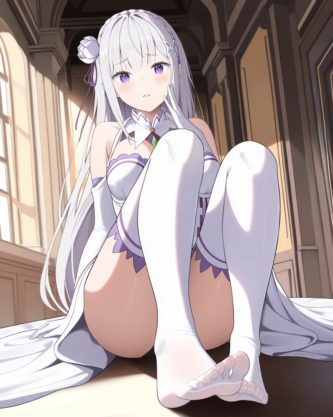 Emilia re:zero, purple eyes, Emilia, crown braid, x hair ornament, flower hair ornament, white hair, long hair, medium breasts, skirt lift, white panties, camel toe, sexy, ass, from behind,