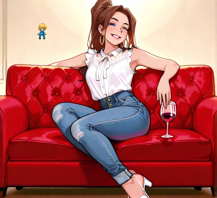 Create a woman with beautiful brunette wavy hair hazel eyes in a laced blouse and jeans sitting in a chair holding a small brown glass bottle with a black dropper top the lady has glass dewy skin gorgeous