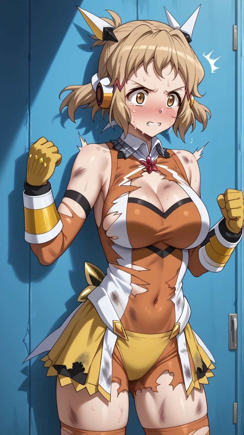 (Masterpiece, Best Quality, High Quality),volumetric lighting, illustration, beautiful,Kousaka honoka, cowboy shot, blue eyes, orange hair, white bodysuit, sexy, goddess wings, gold tiara,in wrestling ring, thighs , sexualised, pussy visible,(ass visible through thighs), (sweaty:1.2) , trembling, standing