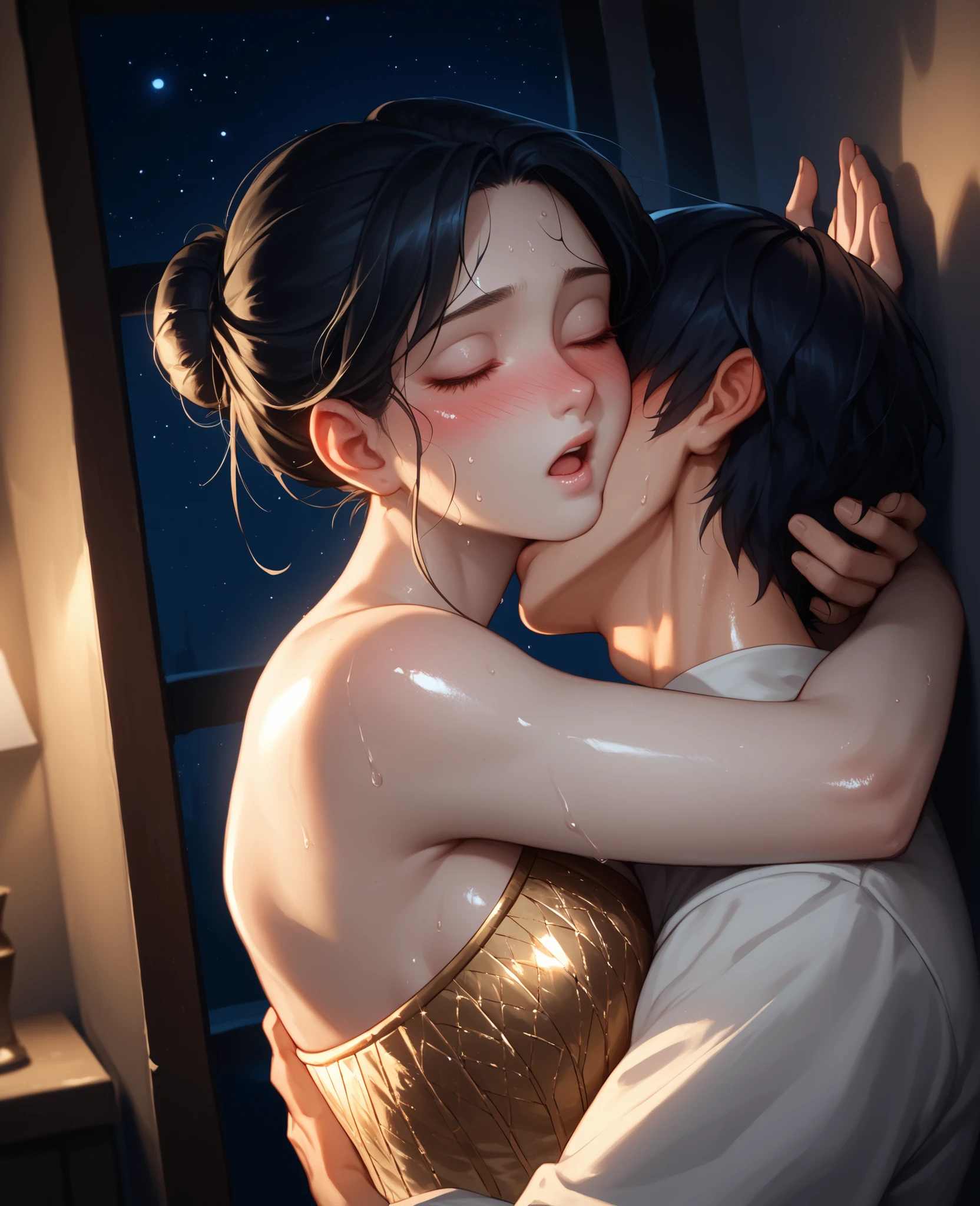 score_9, score_8_up, score_7_up, 1woman, solo, hair, closed eyes, white skin, milky skin, white-skinned female, black hair in a bun, lovely medium breasts, perfect body, white and gold saree, sweat, female organism, open mouth, looking at viewer, head tilt, nose blush, blush, indoor, bedroom, night time, late night, shiny skin, against wall, standing , upper body, 1girl, 1boy (faceless, face on girl's face,
intense kiss, deep kiss, kiss ), hug. Dutch angle.