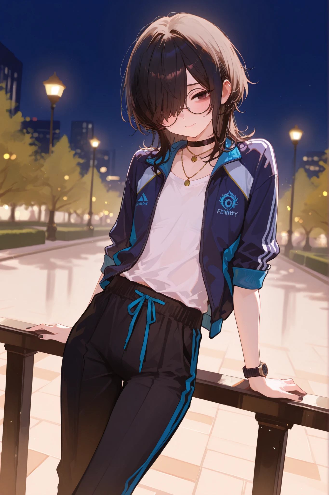 1boy, femboy, black hair, wavy hair, medium hair, hair over half of face, hair over one eye, brown tired eyes, thin eyes, choker necklace, elegant, long legs, sexy pose, in a park, dynamic lighting, flat chest, circle glasses, elegant face, casual outfits, black oversize sweatpants, white shirt, ((dark blue sport jacket)), sleeves rolled up, elegant wristwatch, black nail varnish, shy face
