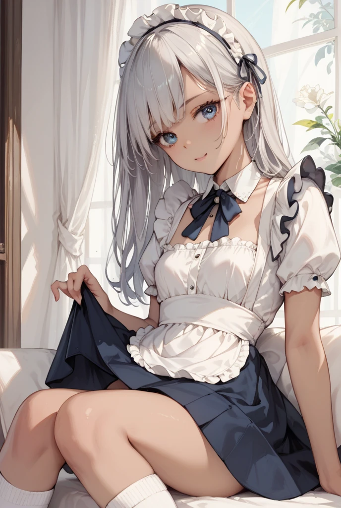 very cute and beautiful girl,(Very detailed美しい顔), (smile),blush,Black Hair,Seraphim,((White Hair、long hair)),(White Shirt、Pleated navy blue pread your legs、Squat)、Sitting、(From below)、(Lace panties), Country road, (Highest quality,masterpiece:1.0),Absurd,High resolution,Super detailed,Very detailed,32K,8k resolution, Intricate details,Movie Scenes,Detailed Background,alone,Dynamic Angle,