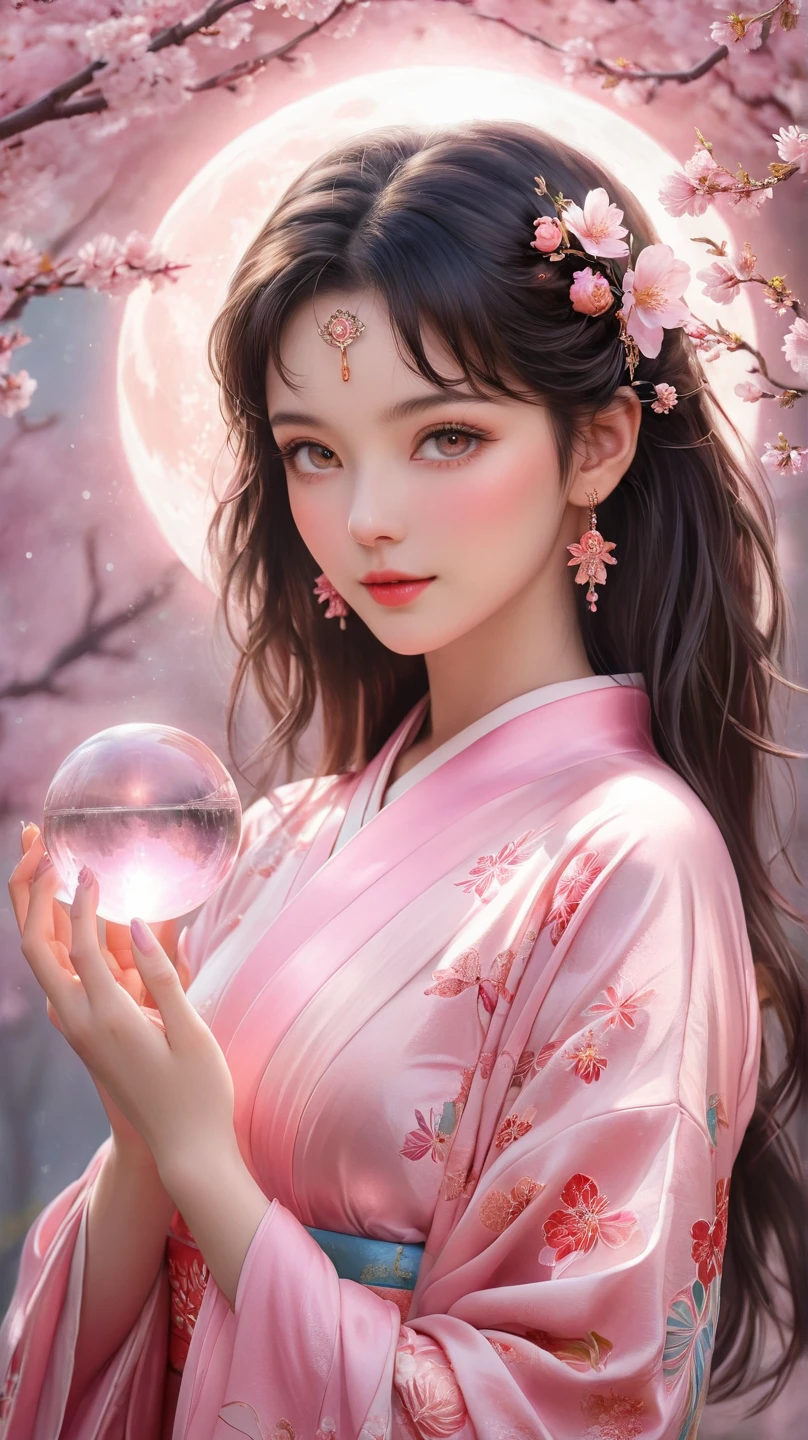 official art, unity 8k wallpaper, ultra detailed, beautiful and aesthetic, beautiful, masterpiece, best quality, Dark, atmospheric, mystery, romanticism, macabre, literature, art, fashion, Victorian, ornamental, intricate, ironwork, lace, brooding, emotional depth, supernatural, (ultra Detailed scene) , (masterpiece) , pretty girl , white thin robe , thick leg , shaped body , shaped face , Both_of_eyes_are_same , blue eyes , full body close up , putting hand like pray while standing , dark pink lips , shaped nose and ears , black straight hair , silver crown , wind blowing through the hair, thousand pink blossom twirling her like storm , ruined pray stone with rune and symble on it , has old rune as black tattoo on her neck to arm , mist under her feet , 100 mini light balls around her , (high detailed face), (ultra pretty face) , black eyebrow , long white robe , dark scene , dark fantasy art style , magic , magic ball in her hand , pink glowing aura around her , pinkish scene ,(ultra detailed face),(ultra detailed magic shape) , (ultra detailed blossom)