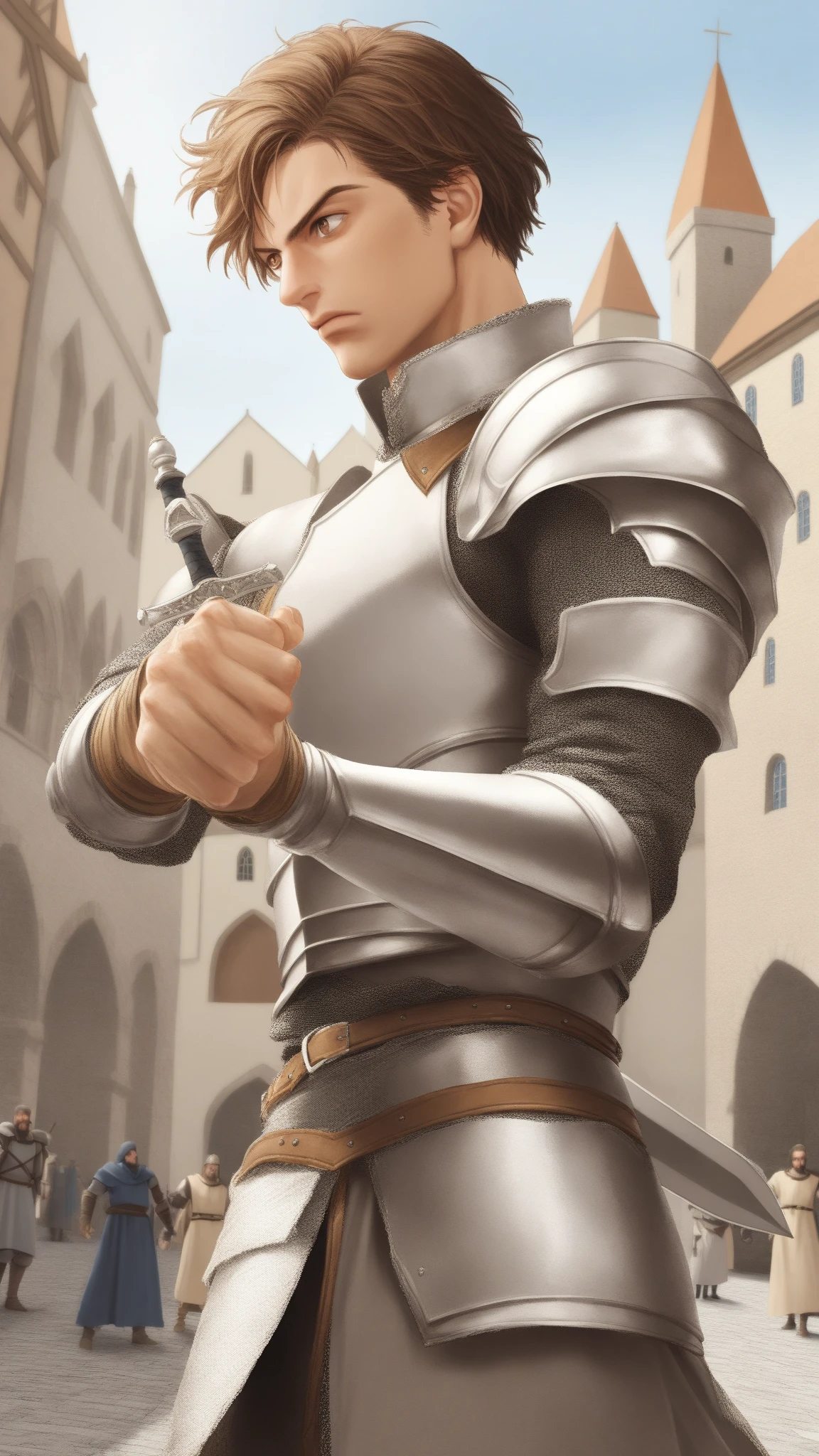 best quality, masterpiece, final fantasy 8, cosplay, squall leonhart, seifer almasy, medieval knight armour, blond hair, sexy, gay, homoerotic, big bulge, visible penis line, best view, perfect fingers, sweaty bodies, no watermark, no logo, no signature