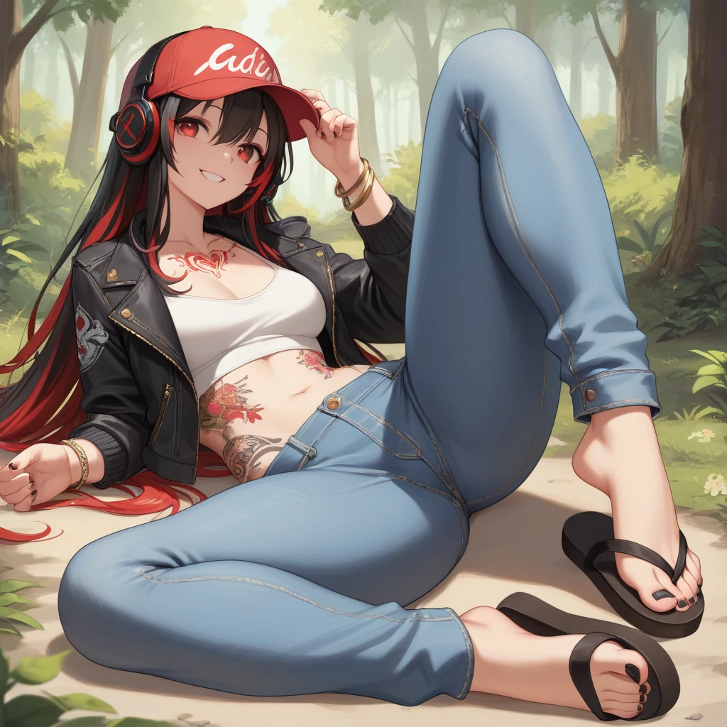 Teenage girl, slim body, model, long blue hair, 170 centimeter height, palm cockatoo bird, parrot, black and red bird, black and red cockatoo bird, black and red parrot, crop top innerwear, long coat outwear, fashion, photography, nature background, detail, magazine style, unique angle
