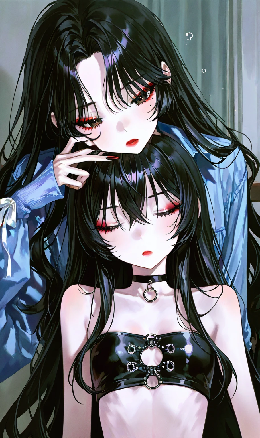 The highest image quality, pending details, ultra-high resolution, (真实感: 1.4), the best illustration, favor details, Highly condensed 1girl, with a delicate and beautiful face, Asian characteristics, long straight hair, Bblack hair, skin fair, eyes browns, lips, blush, breasts big, necklase, black gown, make-up, black eyeshadow, red lipgloss stick, A vampire (best quality, ultra details, photorrealistic: 1.39), dark colours, studio lighting, romantic expression, seducer, dark scenery