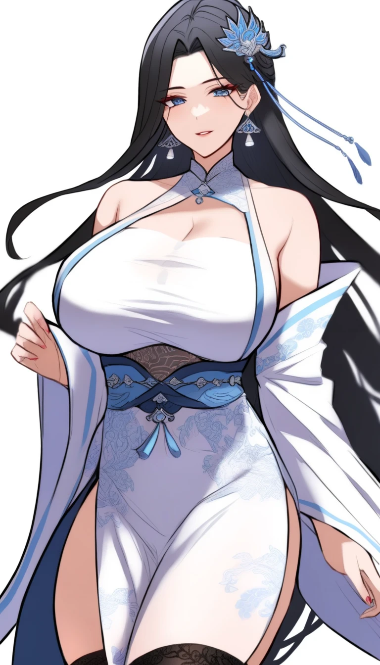 (masterpiece, best quality, detailed illustration, high resolution), ((1girl, solo)), ((bug breasts,slim waist, long legs, fit body, toned body)), ((full body, closeup view)), ((standing)), ((looking at the viewer, facing the viewer)), white background, ((fair skin)) (mature woman, mature female, mature lady)), (detailed eyes, good eyes, better eyes), ((standing)), (black hair), ((white saree)),), (long hair), ((milf)), (brown eyes),