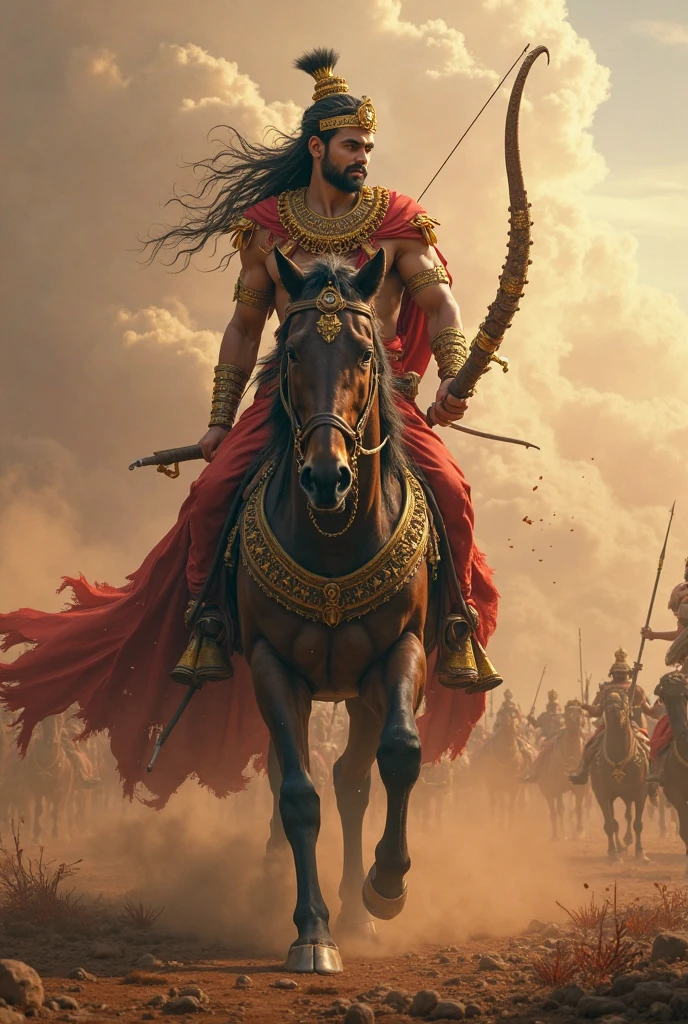 In the Mahabharata war, Lord Krishna is accompanying Arjun as his charioteer and is fighting the war with Arjun's bow and arrow in his hands.