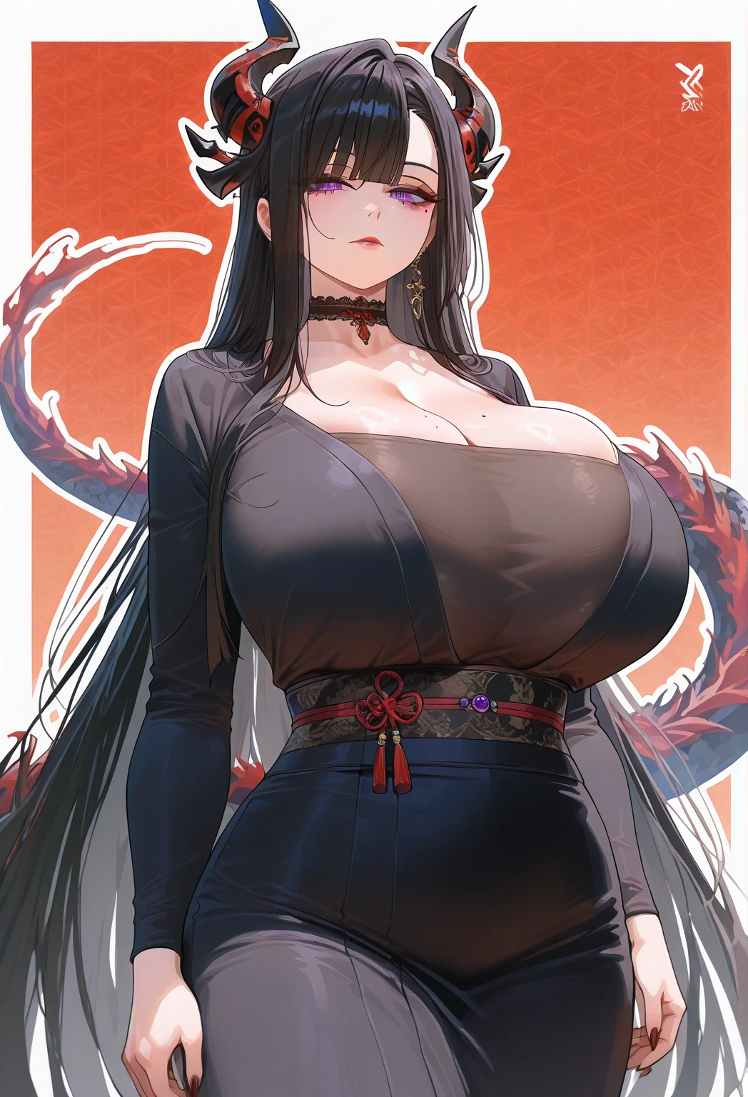 Masterpiece, best quality, 1 girl, long hair, big bust, ((Black Hair), ((long hair)), Black Dress, Sexy, Sensual, ((Orange and Red Eyes)), Serious, emotionless, adult woman, seductive, hands on hips, ((chubby body)), ((Nice Thighs, Huge Boobs, Huge Breasts)), ((background hotel room in the night))