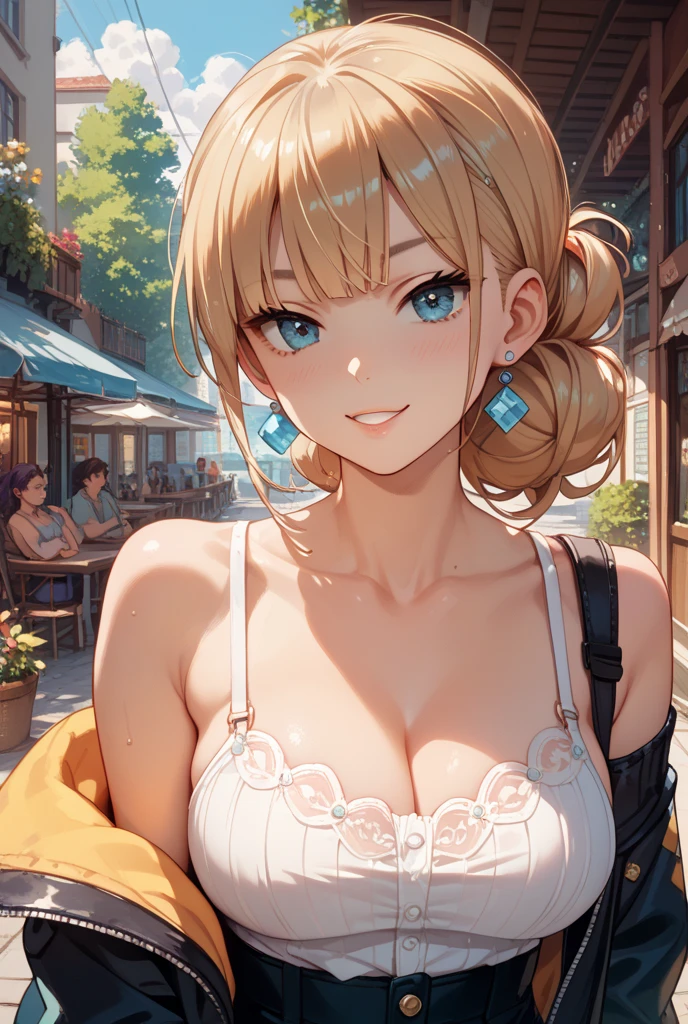 (High quality, High resolution, Fine details), Sitting on a cafe terrace, shaved ice in a glass, pastel colors, Summer Clothing, solo, curvy adult women, blonde hair, sparkling eyes, (Detailed eyes:1.2), smile, blush, Sweat, Oily skin, Soft tones, shallow depth of field