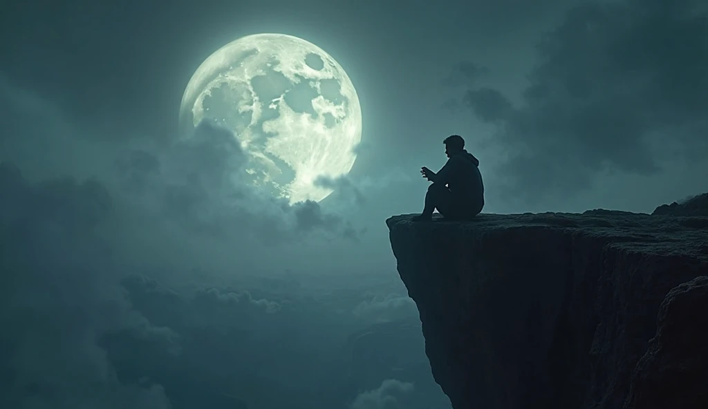 Man sitting with his back on a cliff watching the moon
