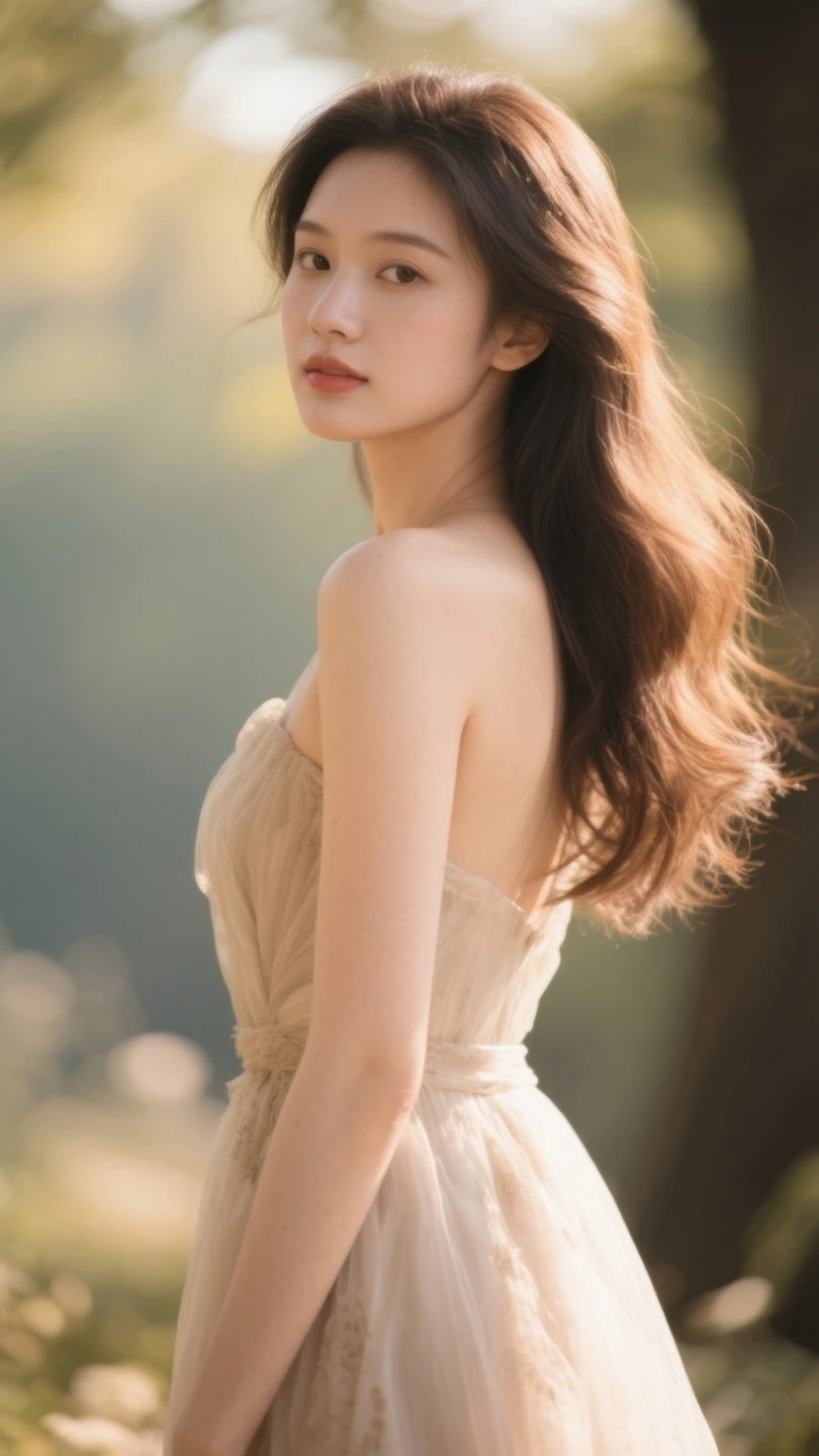 beautiful young woman with, white Camisole Dress, hyper realisitic, , Body of the model, Small breasts, Beautiful breasts, Middle hair, Curly hair, Long legs, 8K, Sunlight, Ambient lighting, (quality: 1.2), (Rembrandt lighting: 1.3), (savanna: 1.2), (telephoto) and stunning background, In front of the lake, Fortnite Mesh Capture, Realism in the game style since、very small breasts、.small 、extremely small breasts、A-cup breasts、Model body type、Slimed、A slender