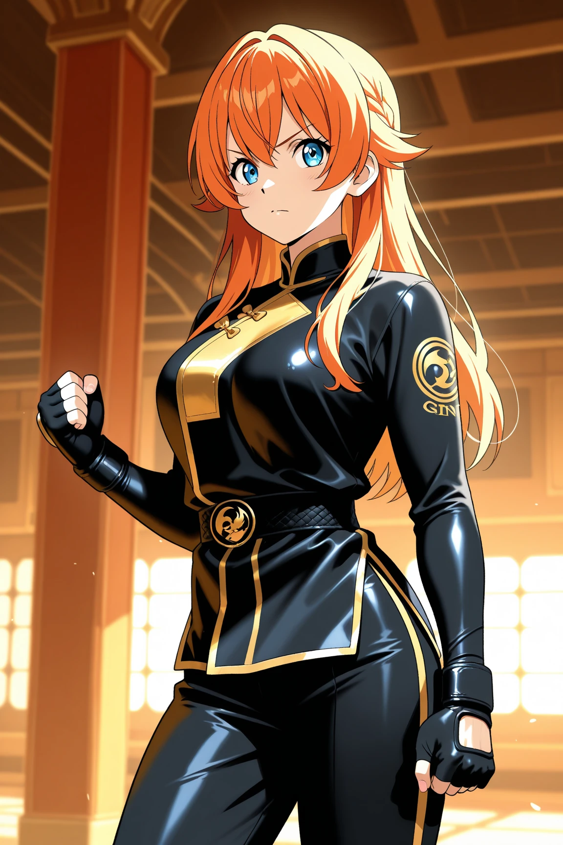 A slender busty MILF in an orange tight plug suit、