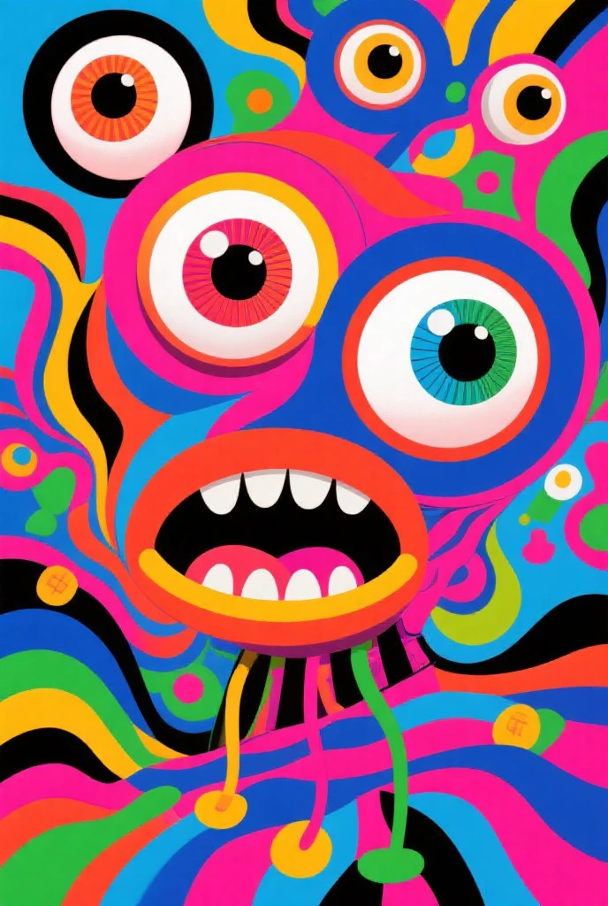 Children's graffiti,Thick coating,Concave and convex texture,Oil pastel strokes:Long Tongue Monster、house、flowesh、Tentacles、bird、Eye、diatom,Abstract mosaic painting,Describing the inner world of autistic people,Sense of space,White Space,interesting,Innocence,Psychedelic Art,Orange overall