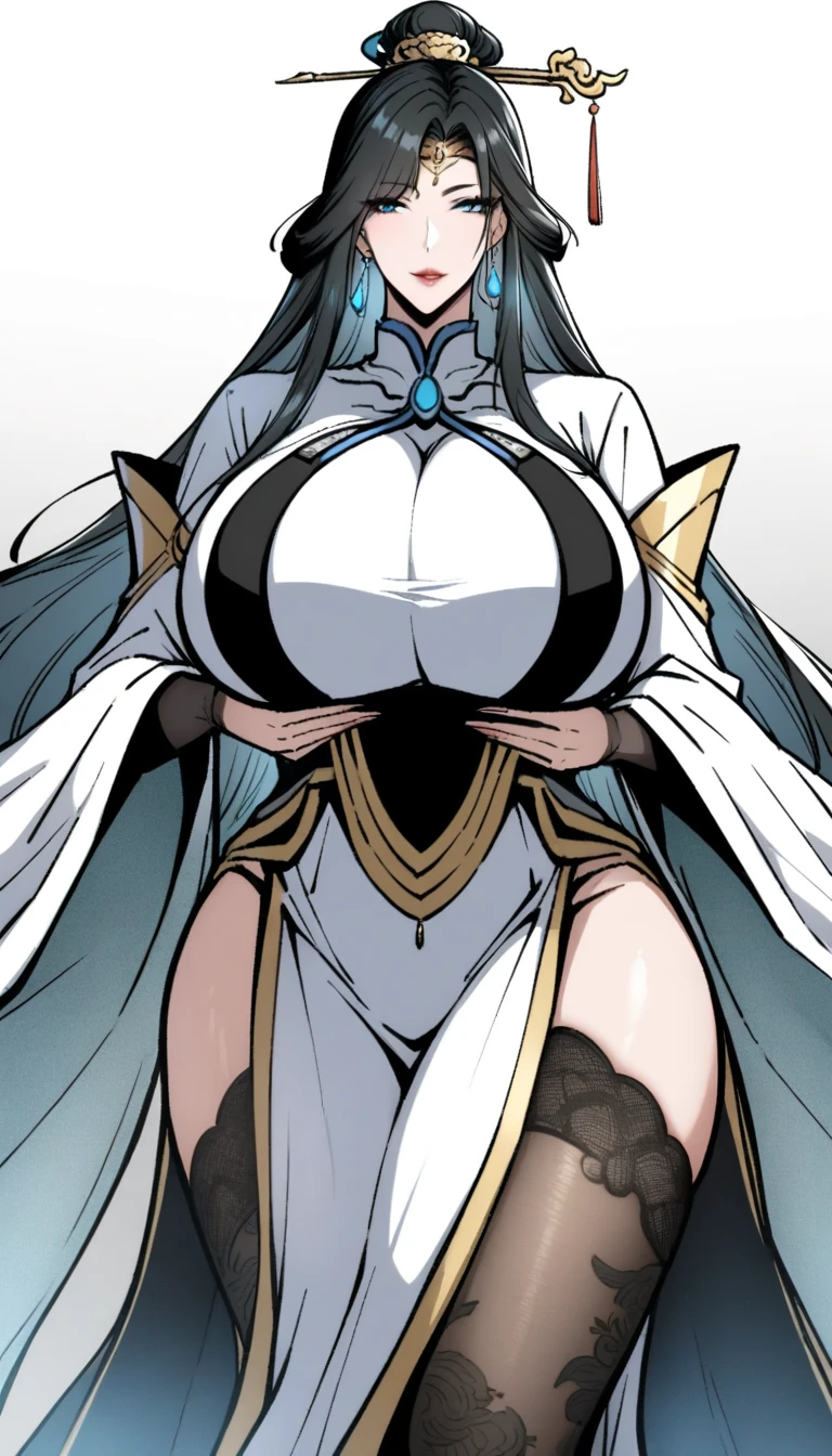 masterpiece, bestquality, ultra-detailed,
flat design, ligne claire, photorealistic,
cinematic lighting, depth of field,
1girl, (fullbody:1.4), front view, looking at viewer,
Female Hero
Hair color: Shiny silver hair that is almost golden, and flows down to her back.
Eye color: Deep blue, symbolizing courage and hope.
Height and build: Slightly taller than average, lithe but muscular.
Clothing: A modern take on the traditional hero's outfit. She wears lightweight but durable armor, with intricate patterns drawn in gold thread on the details.
Accessories: She wears a small crystal pendant around her neck. This is the source of her power.
gigantic saggy breasts, Clothes that are completely stuck to the chest, impossible clothes, Impossible clothing with perfectly shaped extremely gigantic puffy nipples, pawg, thin thighs, thick calf, slender body, thin waist, milf, mature woman, puffy lip,
(standing Contrapposto pose:1.2), spread legs, lewd pose,
Heavy Clothes brave Hero Costume, pants, skirt, Wear warm clothes,
(white background:1.5),