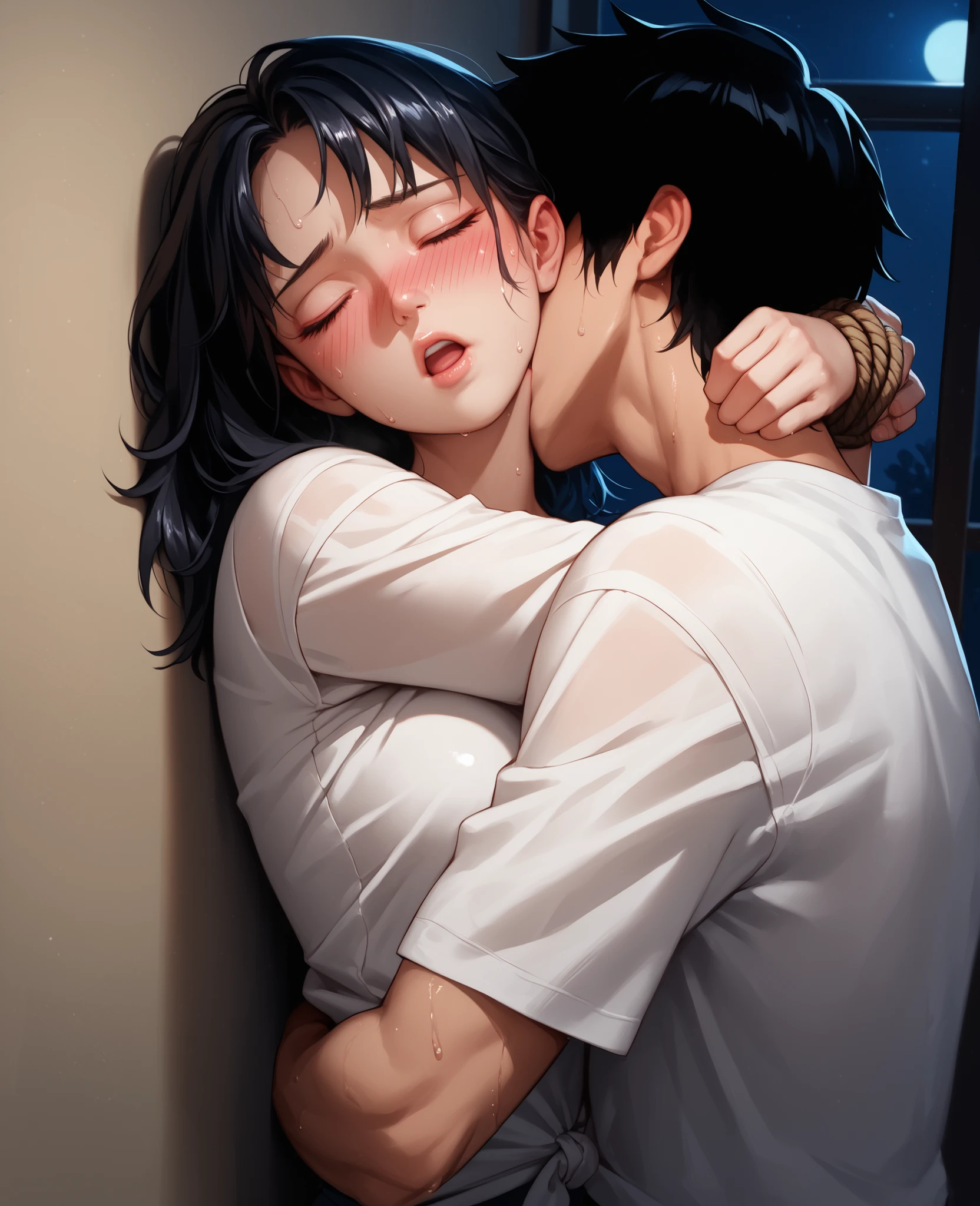score_9, score_8_up, score_7_up, 1woman, solo, hair, closed eyes, glossy lips, black hair, lovely medium breasts, perfect body, white shirt, tied up shirt, sweat, female organism, open mouth, looking at viewer, head tilt, nose blush, blush, flustered, indoor, bedroom, night time, late night, shiny skin, against wall, standing, upper body, 1girl, 1boy (faceless, face on girl's face,
intense kiss, deep kiss, kiss ), hug. Dutch angle.