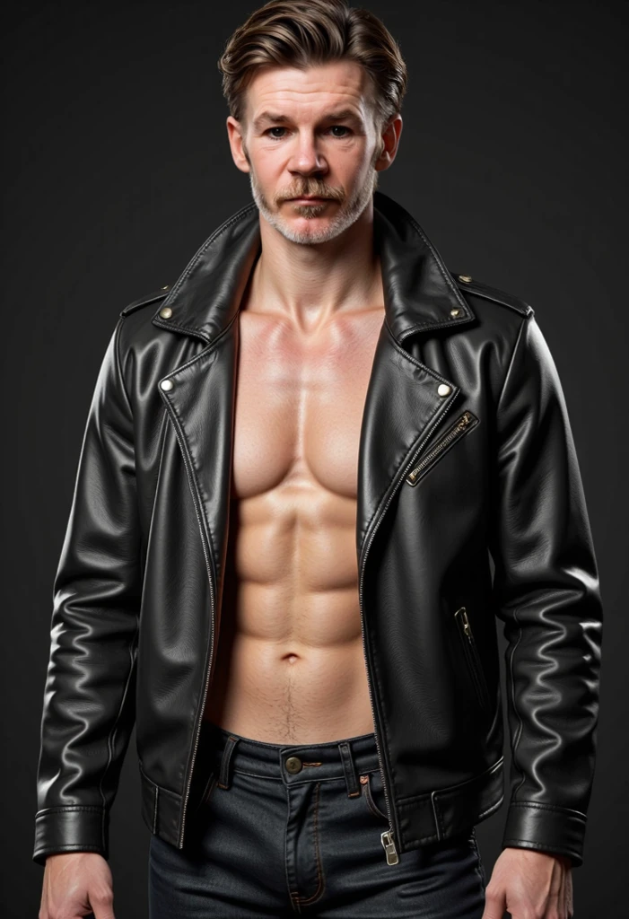 Man ejaculating while wearing leather pants