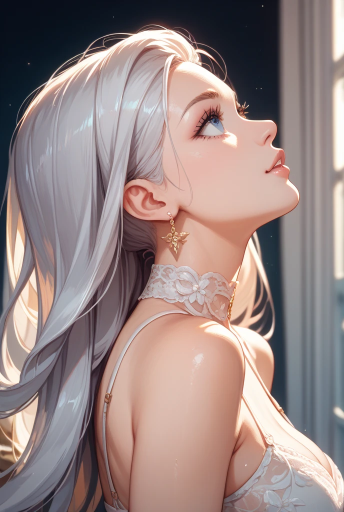 Goddess ((goddess-like woman)), slim, elegant silhouette, masterpiece, (close angle), best quality, pale skin, fair skin, sweet face, (masterpiece: 1.2, best quality), (real image, intricate details), (1 lady, solo, medium tits, small waist, ), ((Jinx/LOL)), beautiful face, kissable lips, very long white hair, slicked back hair, (very long white hair), white hair , VERY LONG HAIR , (very long white hair), perfect makeup, realistic face, detailed red pink eyes, (red pink eyes) bright red pink eyes, very long hair, eyelashes, mouth slightly open, she has an impressive presence, bracelet, hoop earrings, jewelry , beautiful face, beautiful eyes, side view, side view, she is wearing a white Cut Out Straps Dresses, upper body view, sweet irresistible smile, elegant pose, elegant hands, beautiful hands, perfect fingers, background: old town, medieval city, stone houses market place,