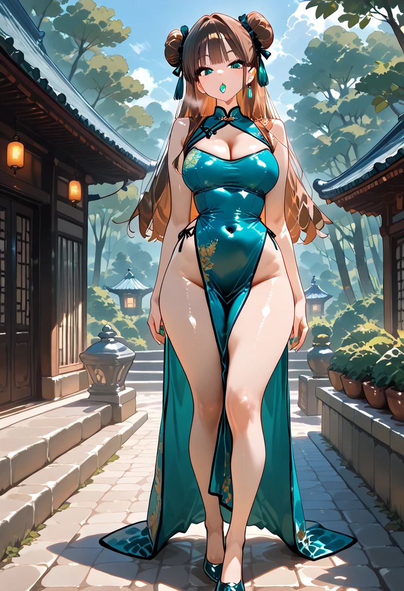extreme quality, cg, (detailed eyes,and face), (bright colors), (anime), 1woman, (Milf:1.2), impact, (Voluptuous:1.4), goddess, time stop, fantasy, (Elf), (gigantic breasts:1.8), pointed ears, beautiful jewels, fireworks, long curly blonde hair, (deep cleavage), masterpiece, top tier, extravagant, 8k, unity wallpaper, unreal engine 5, ray tracing, 8k, cinematic, varied depth of field, octane render, elegant, tone mapping, hyper focus, light smile, (arms behind back:1.2), fireworks, (night), festival, (Chinese dress), full body photo, (night), Curvaceous,(mint green eyes), horizon, picturesque scenery, fireworks, looking at viewer, (festival),