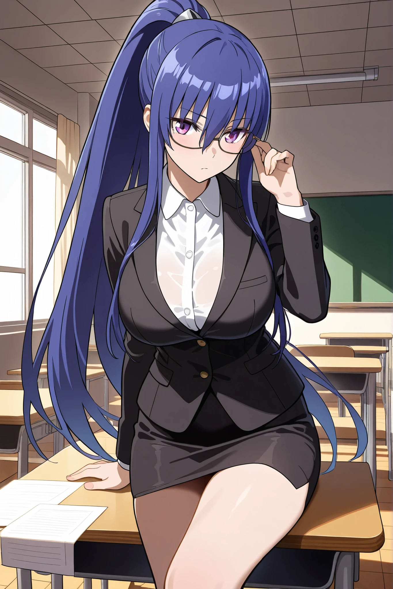 Highest quality, masterpiece,  ((Big Breasts)), uniform, blazer, Blue Hair, Glasses