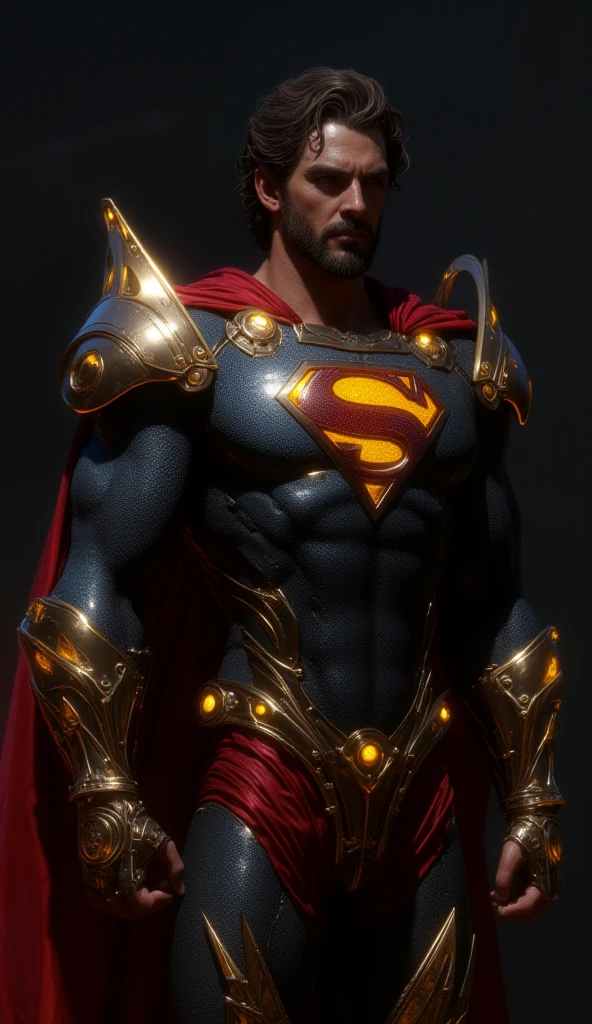 Image of muscular DC COMICS Superman, human body, human anatomy, holding a big dumbbell with his right hand, left hand closed, costume identical to that of DC COMICS, with cyborg details, showing full body, perfect face, perfect boots, laser beams coming out from your eyes, highly detailed, super definition, 8k, showing the statue of Christ the Redeemer in the city of Rio de Janeiro January in flames. Cinematic image.