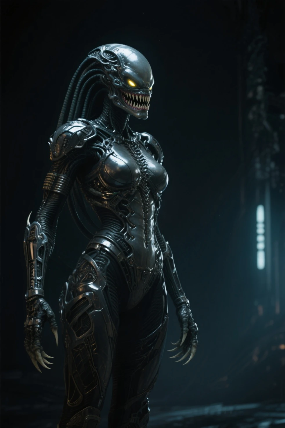 (draconic alien biomechanical succubus with carnage & witchblade physique:1.5), (megan fox as a muscular alien draconic biomechanical demonic woman with flayed skin, gigantic horns, & necrotic metallic muscle:1.5), (witchblade muscular anatomy:1.25), (perfect fingers:1.25), ((wide shoulders & upper body:1.25)), (very skinny legs:1), (huge muscular arms:1.25), (ten pack abs:1.25), (full body view:1.25), choker, detailed eyes, (looking at viewer), (smile:1.25), (blank dark background:1.25), in the art style of H.P. Giger, (beautiful girl face:1.25)