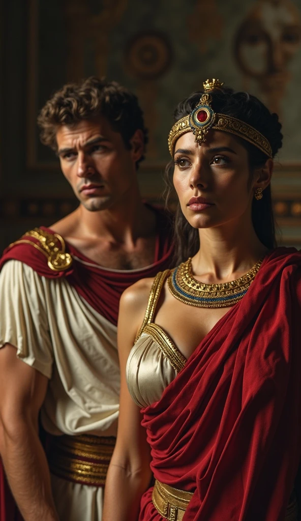 A handsome man dressed as a gladiator, approximately 40 years old, dark brown hair, greeneyes, holding a sword next to a woman, with long black hair, fair skin sitting on an ancient babylonian emperor throne